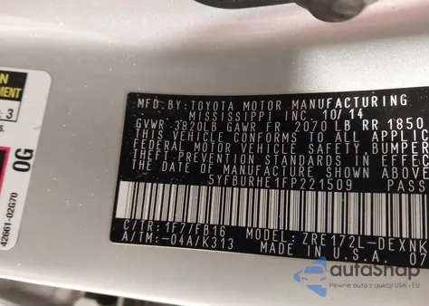 2015 Toyota Corolla Le from USA, damaged, VIN 5YFBURHE1FP221509